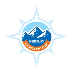 Nature mountains - concept logo badge vector illustration. Outdoor adventure creative sign. Mountaineering hiking climbing symbol. Extreme exploration emblem in circle shape. Graphic design element. 