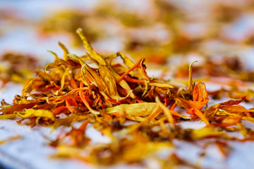 Fresh dried calendula officinalis marigold flower petals