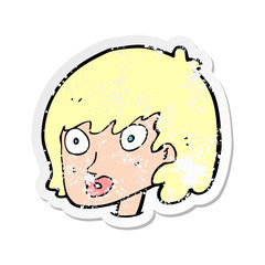 retro distressed sticker of a cartoon happy female face