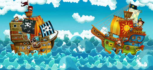 cartoon scene with pirates on the sea battle - illustration for the children © honeyflavour
