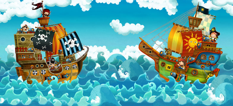 Fototapeta cartoon scene with pirates on the sea battle - illustration for the children