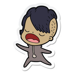 sticker of a cartoon cool hipster girl talking