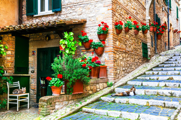 Fototapeta na wymiar Charming floral decorated streets of old Italian villages. Casperia in Rieti province