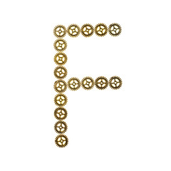Alphabet letter F made of metal gears. Isolated on white background. Steampunk style