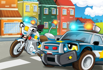Cartoon scene of police officers on action - car and motorbike - illustration for children