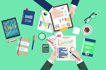 Auditing concept vector illustration. Tax process. Business background. Flat design of analysis, data, accounting, planning, management, research, calculation, reporting, project management.