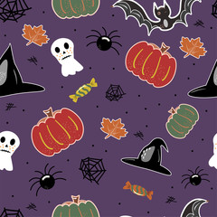 halloween seamless pattern background with pumpkin, bat, lollipop, ghost. Hand drawing elements