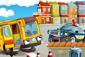 Obraz na płótnie Canvas cartoon scene with police car and a bus standing and talking in the city street bus stuck in the hole - illustration for children