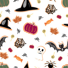 halloween seamless pattern background with pumpkin, bat, lollipop, ghost. Hand drawing elements