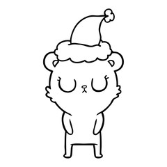 peaceful line drawing of a bear wearing santa hat