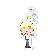 retro distressed sticker of a cartoon man and butterflies