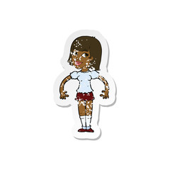 retro distressed sticker of a cartoon woman shrugging shoulders