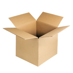Open cardboard box isolated on white background. Brown kraft carton corrugated box on white background