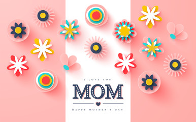 Fototapeta na wymiar Happy Mothers day greeting card. Paper cut flowers, holiday background. Vector illustration.