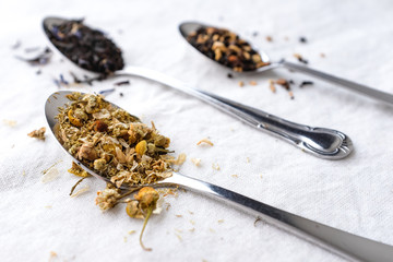 Different types of tea on vintage metal silver spoons on white fabric background with empty copy space. Organic healthy lifestyle and well-being concept. Vintage food and drink setting styling. 