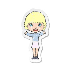 retro distressed sticker of a cartoon woman waving
