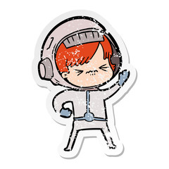 distressed sticker of a cartoon astronaut woman