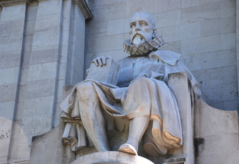 Detail of Cervantes monument in Madrid, Spain