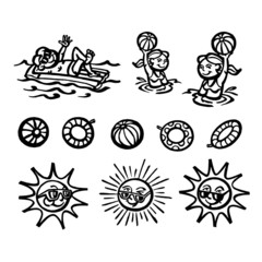 Summer sport and relax, kids, balloons, swimming rings, sun, black and white icon set