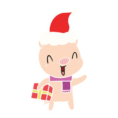 happy flat color illustration of a pig with xmas present wearing santa hat