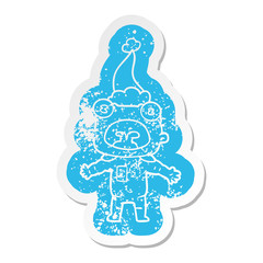 cartoon distressed sticker of a weird alien communicating wearing santa hat
