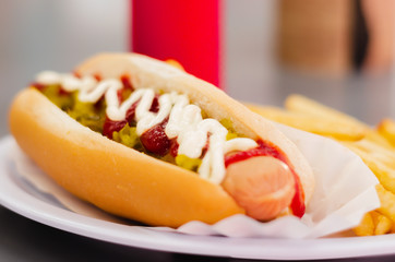 hot dog with potatoes and smoothie