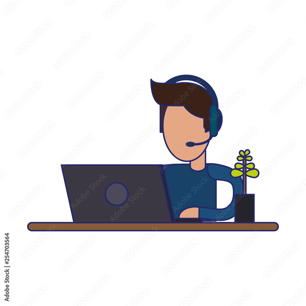 Sticker freelancer working with laptop on desk blue lines