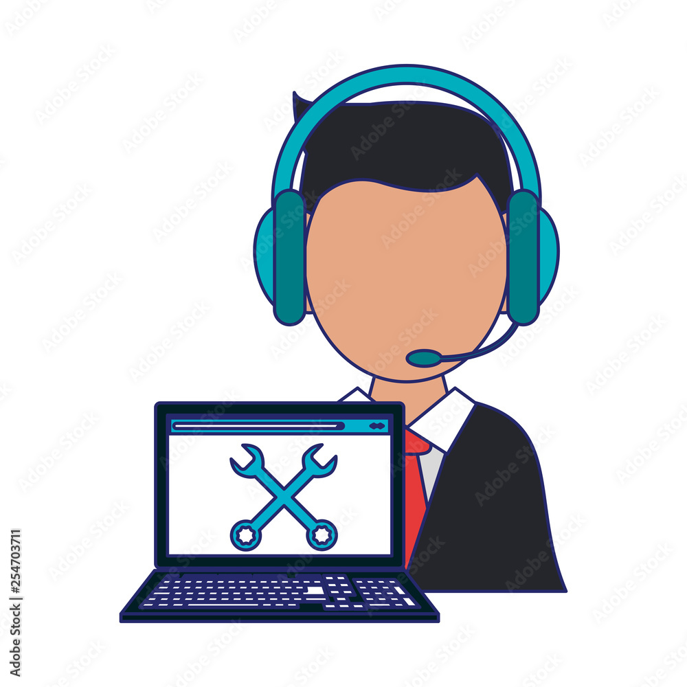 Sticker call center operator with laptop technical support blue lines