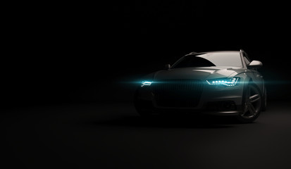 Stylish car on a black background with led lights on. Futuristic modern vehicle head light xenon on dark. 3d render - Powered by Adobe