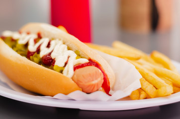 hot dog with potatoes and smoothie