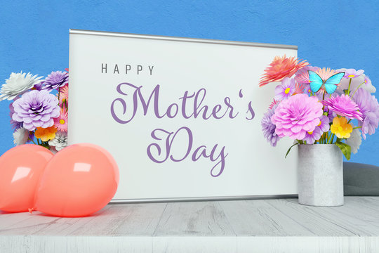 Congratulations: Happy Mother's Day! Writing on a picture frame surrounded by flowers and balloons as decoration. Pastel colours