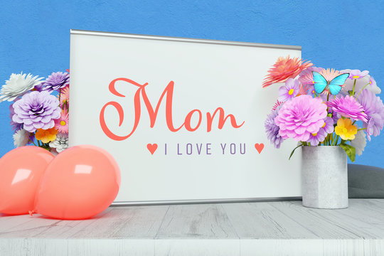 Greetings: Mom - I love you! Decorative writing on a picture frame surrounded by flowers and balloons. Pink and purple