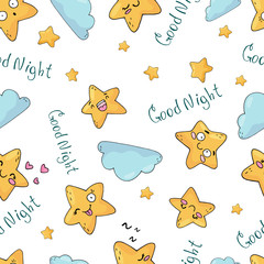 Seamless pattern of cute stars on white background. Character and emotion in cartoon style. Hand draw elements in sketch style