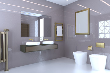 Fototapeta na wymiar View of the sink, toilet and bidet in a large modern bathroom with brown doors.. Blank paintings. Mockup. 3D rendering