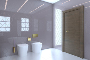 View of the sink, toilet and bidet in a large modern bathroom with brown doors.. 3D rendering