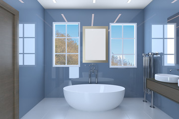 Fototapeta na wymiar Blue bathroom with two washbasins and large windows. Blank paintings. Mockup. 3D rendering