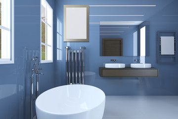 Bathroom with large mirror, steel radiator and wide sinks.. Blank paintings.  Mockup. 3D rendering