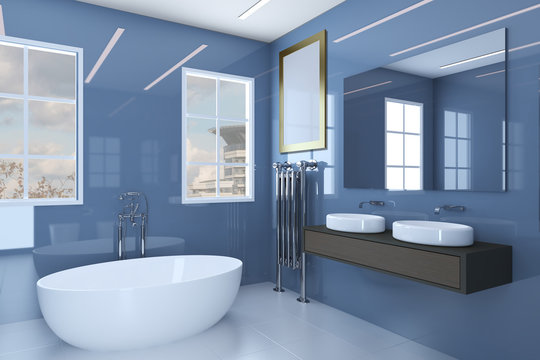 Blue bathroom with two washbasins and large windows. Blank paintings.  Mockup. 3D rendering