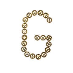 Alphabet letter G made of metal gears. Isolated on white background. Steampunk style