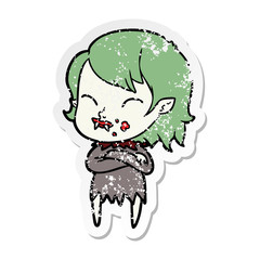 distressed sticker of a cartoon vampire girl with blood on cheek