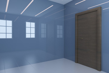 Empty interior of blue bathroom with glossy walls. Brown door.. 3D rendering