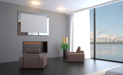 Modern bedroom design, Double bed. 3D rendering. Blank paintings