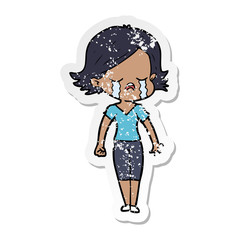 distressed sticker of a cartoon girl crying