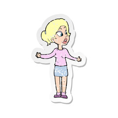 retro distressed sticker of a cartoon pretty woman explaining something