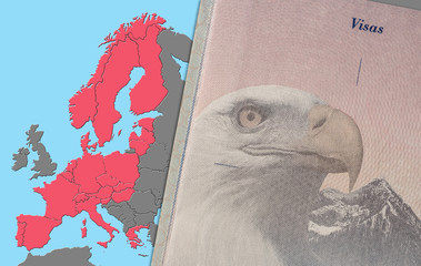 Detail of the visa page in a US passport against European Union map background for ETIAS Visa