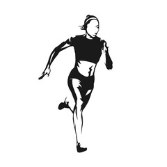 Running woman, isolated vector silhouette. Ink drawing. Run, heathy lifestyle