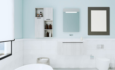 Fototapeta na wymiar Blue bathroom with modern furniture and decorative tiles. 3D rendering. Mockup. Blank paintings.