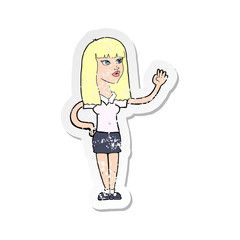 retro distressed sticker of a cartoon pretty woman waving