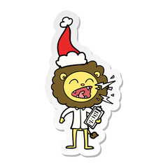 sticker cartoon of a roaring lion doctor wearing santa hat