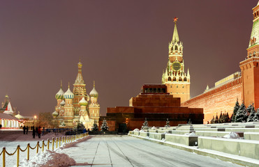Night Moscow in the winter. View of the Red Square and the Moscow Kremlin